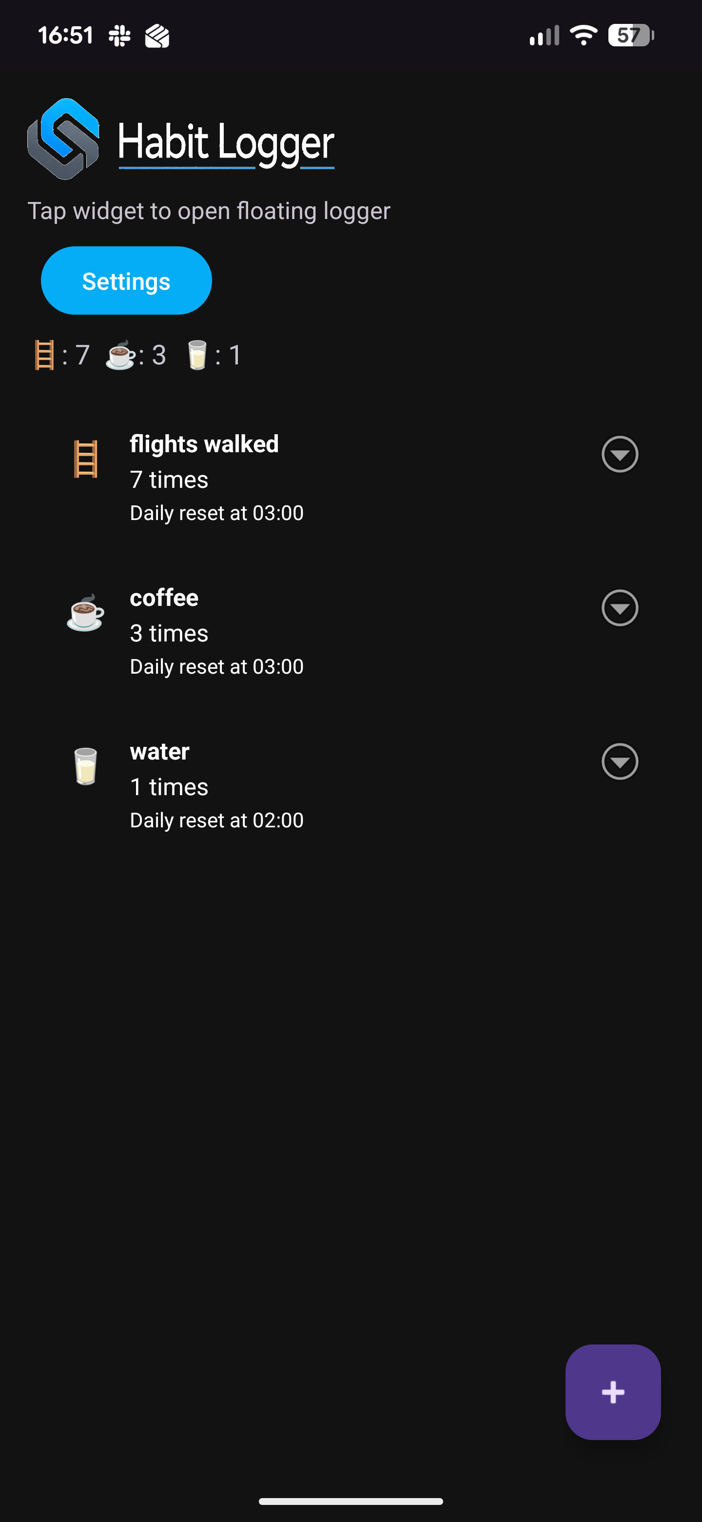 Habit Logger main list screen